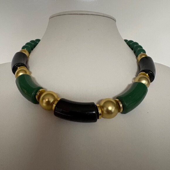 Vintage Green Gold Tone Beaded Statement Necklace Chunky Asian Inspired Retro - Picture 6 of 8